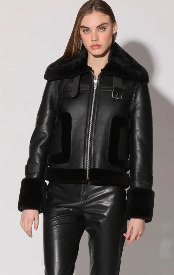 Walter Baker Lianna Jacket, Black Leather/ Black Fur>Women Jackets